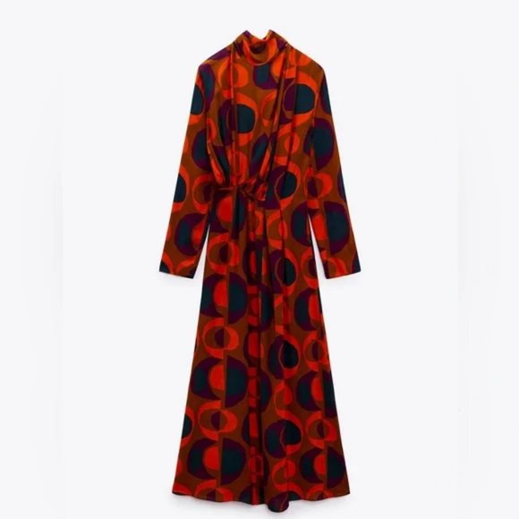 ZARA PRINT MIDI DRESS HIGH COLLAR SELF TIE - Picture 6 of 7